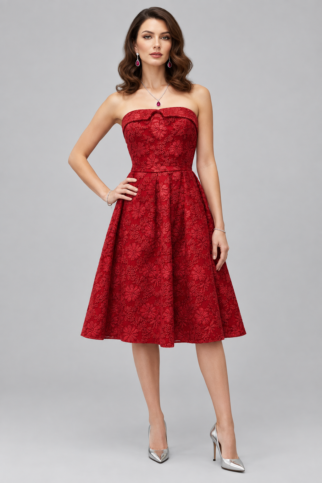 Strapless Floral Midi Dress